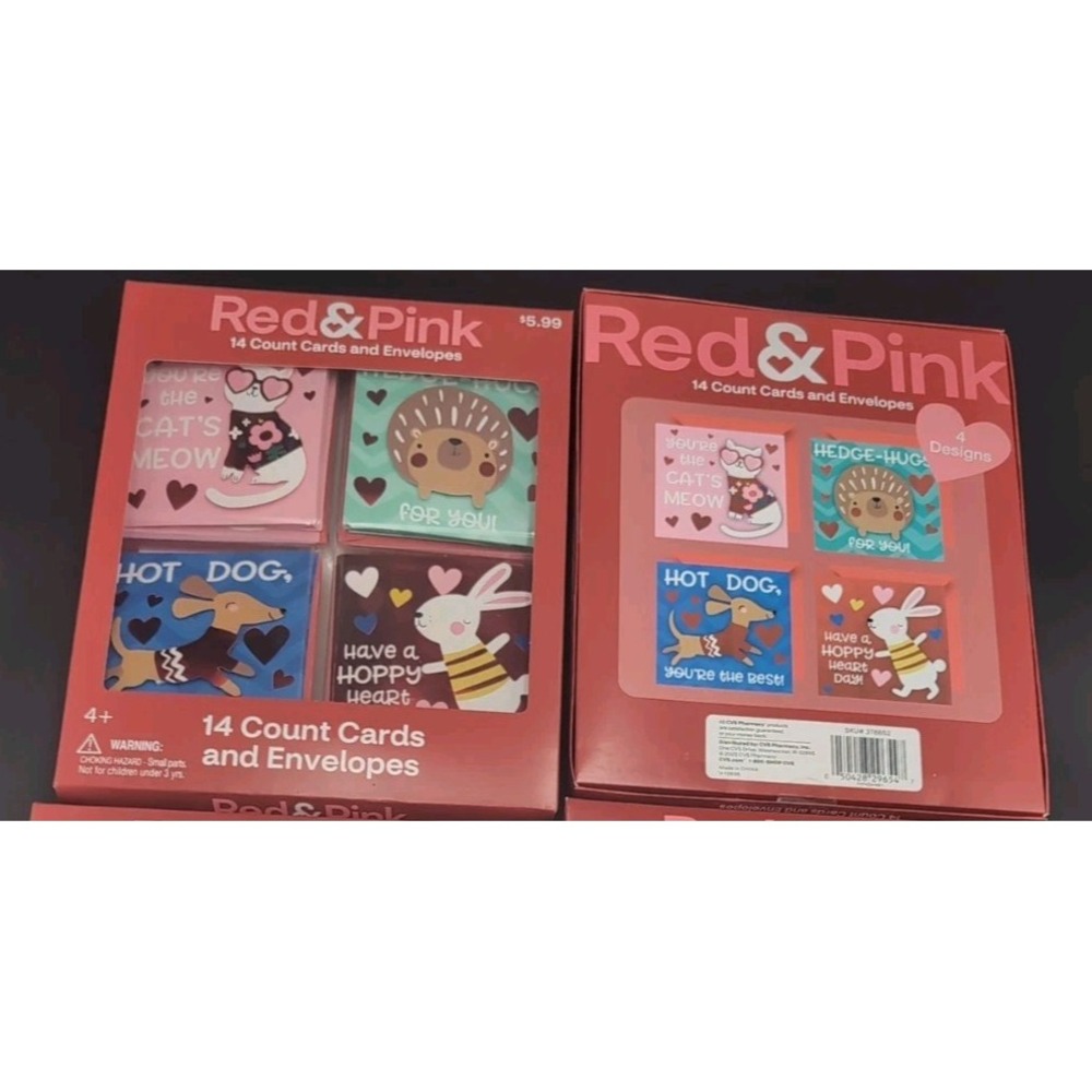 Red & Pink Pop Up Cards & Envelopes Animal Lot of 2 Boxes 28 Valentines